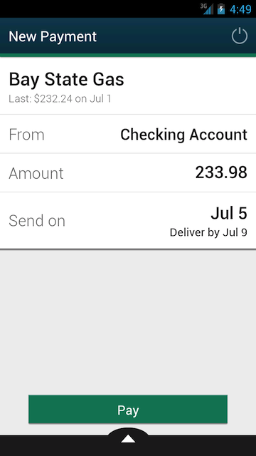Screenshot of Android phone bill pay scheduled payment