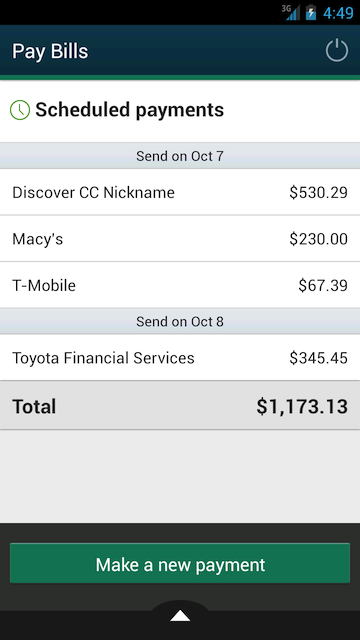 Screenshot of Android phone bill pay scheduled payments