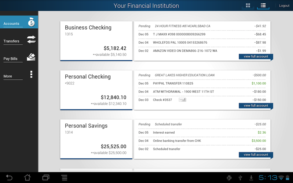 Screenshot of Android Tablet accounts
