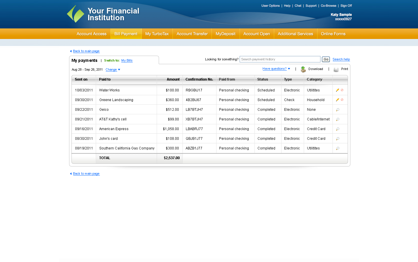 Screenshot of Bill Pay payment history