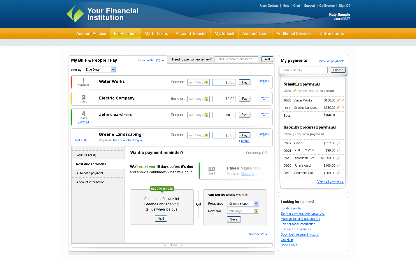 Screenshot of Bill Pay reminder setup