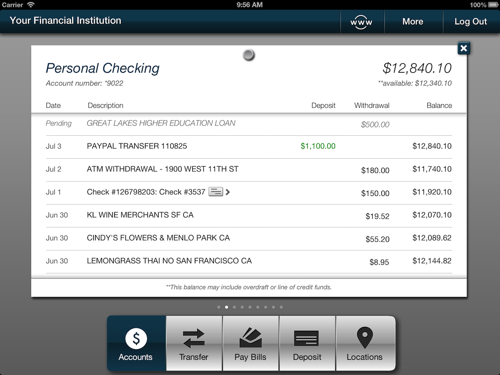Screenshot of iPad account history